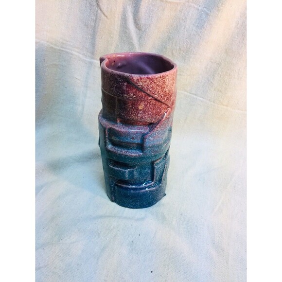 Vintage Large Cylinder Vase Geometric Pink And Blue Glaze Retro